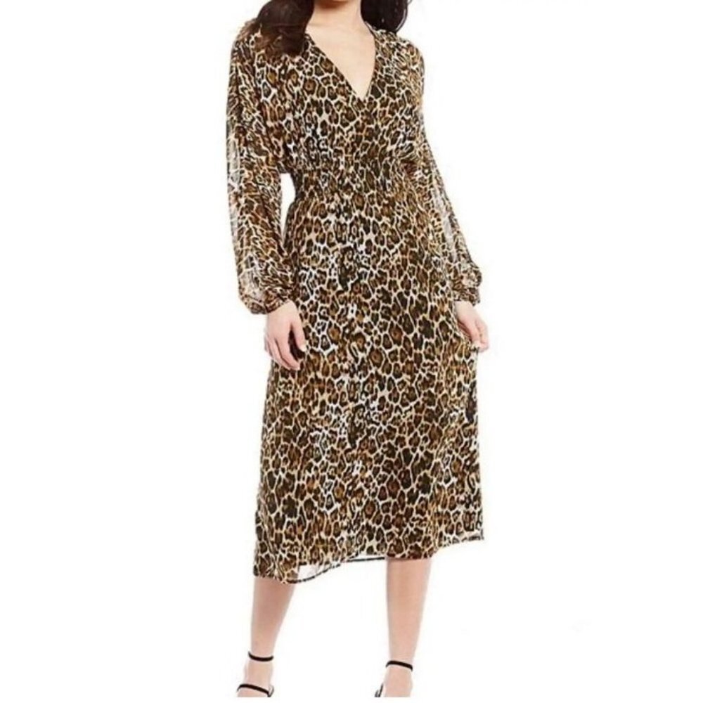 WAYF Leopard Print Midi Dress S Small Brown Black Long Sleeve